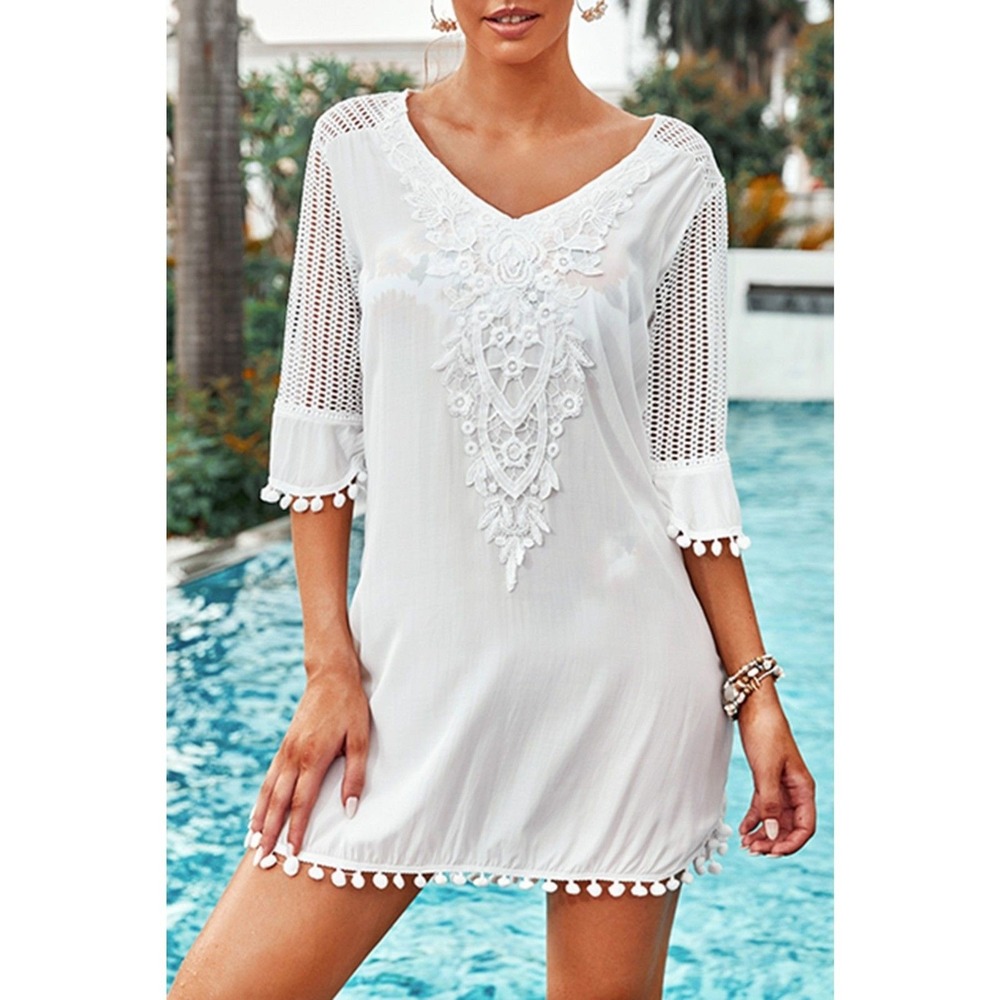 Whimsical Boho White Crochet Swim Cover Up V Neck Tunic Pom Pom Trim Small NEW